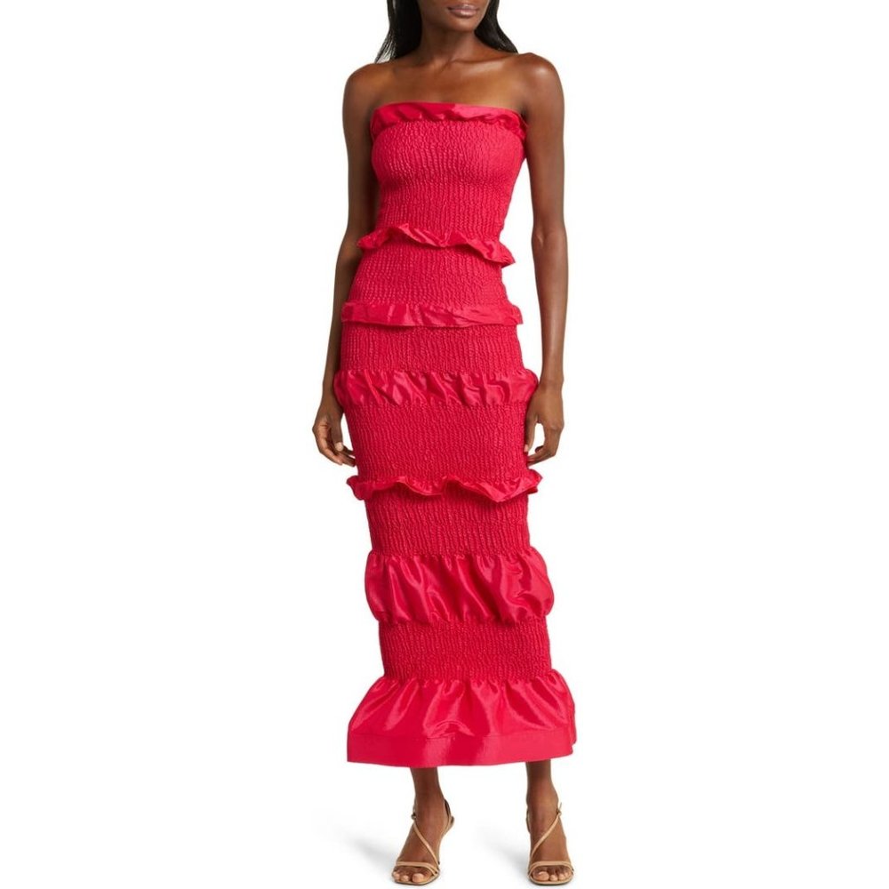 NEW ORIRE Nama Smocked Ruffle Strapless Fuschia Maxi Dress SIZE US 2